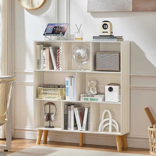 LEYAOYAO 8 Cube Bookshelf,3 Tier Bookcase with Legs,Light Grey White Mid-Century Modern Bookshelves,Large Open Storage Organizer Shelf, Wooden Book Case