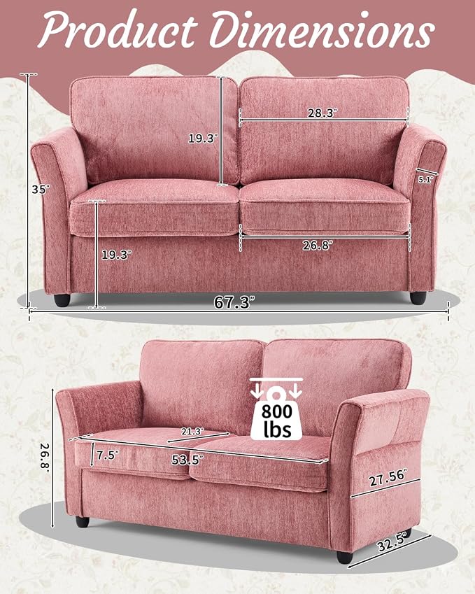 Karl home 67" Loveseat Sofa Chenille Fabric, Pink | Removable Covers, Outward Arms, Spring Cushion & Solid Wood Frame, Deep Seat for Living Room, Bedroom, Apartment