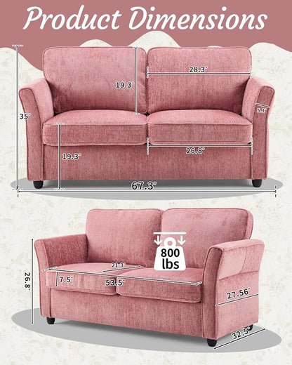 Karl home 67" Loveseat Sofa Chenille Fabric, Pink | Removable Covers, Outward Arms, Spring Cushion & Solid Wood Frame, Deep Seat for Living Room, Bedroom, Apartment