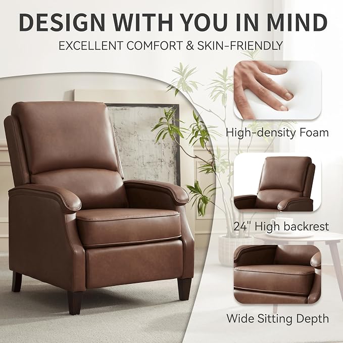 VKNOW Recliner Chair, Faux Leather Recliner with Armrest, Home Theater Seating with Adjustable Push Back and Lumbar Support, Single Sofa for Adults, Lounge Chair for Living Room, Bedroom(Red Brown)