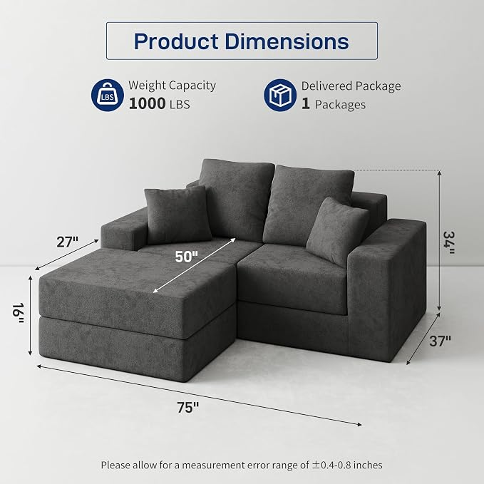 Cloud Modular Sectional Sofa, Comfy Boneless Couch for Living Room, Modern L-Shaped Couch with Reversible Chaise, Customizable Sleeper Sofa Bed with Non Slip, No Assembly & Deep Seat, Dark Grey