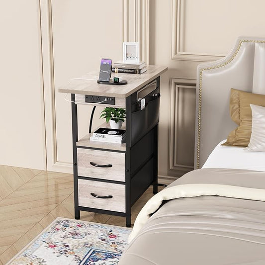 Yenlure Small Side Table with Charging Station, Narrow Nightstand Bedside Tables with Storage Pocket for Living Room Bedroom, Sofa End Table with USB Ports and Power Outlets for Small Spaces, Greige