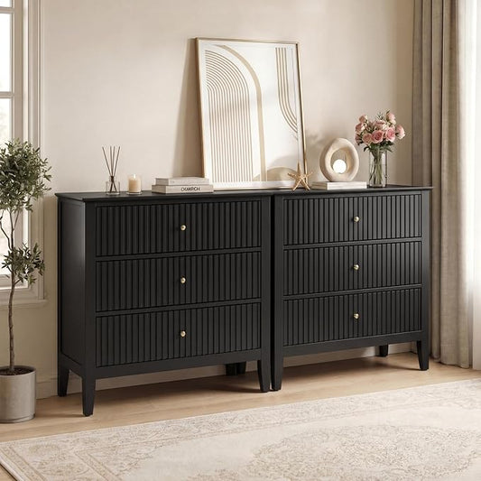 RoyalCraft Large 3 Drawer Dresser Set of 2, Fluted Chest of Drawers with Storage, Modern Painted 30 inch Tall Nightstand for Bedroom Living Room Entryway, Black