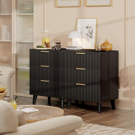 Lulive Wood Nightstand Set of 2 Fluted Dresser for Bedroom 3 Drawers Night Stand with Charging Station, Storage Modern Side Table Black