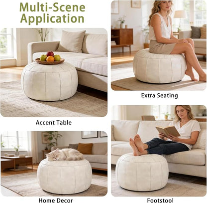 Thgonwid Unstuffed Moroccan Storage Pouf Foot Stool Ottoman Seat, No Filler Included, Handmade Faux Leather Bean Bag Floor Chair Foot Rest for Living Room, Bedroom or Balcony, Ivory White