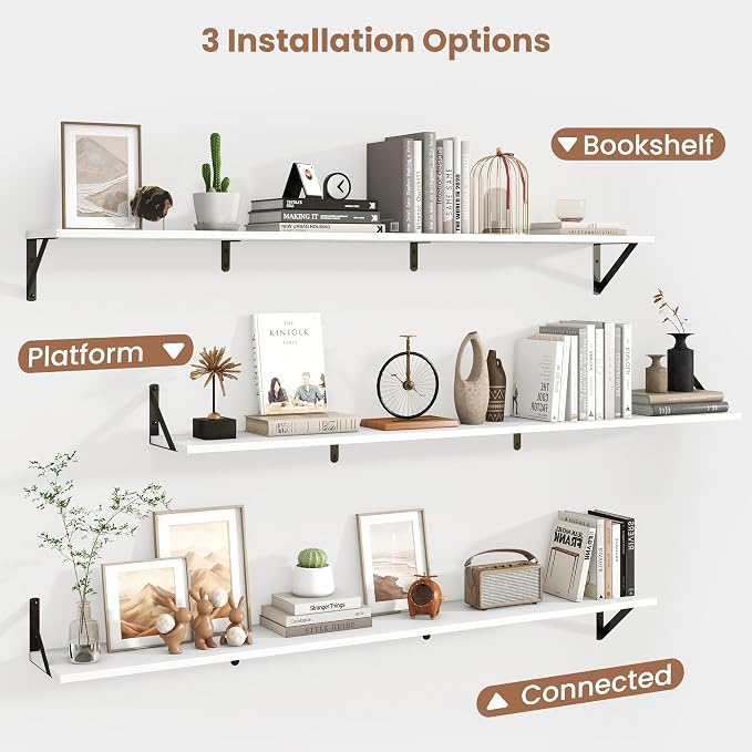 Axeman 55 Inch Floating Shelves | 8 Inch Deep White Wall Shelves Set of 2 | 55" W x 8" D Rustic White Wood Shelves for Bathroom Kitchen Living Room