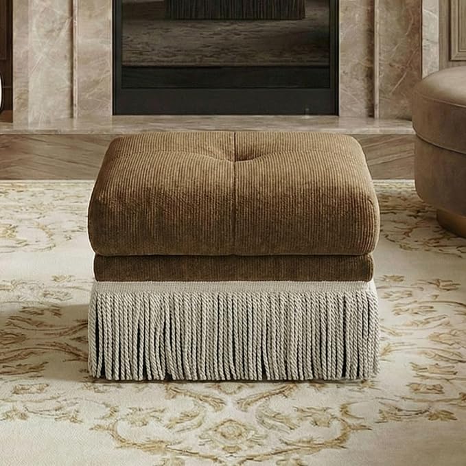 Hyfirm Brown Upholstered Accent Ottoman with Fringe, 22 Inch Square Plush Footstool Ottomans Bench for Bedroom, Modern Boho Pouf Foot Rest for Living Room, Couch