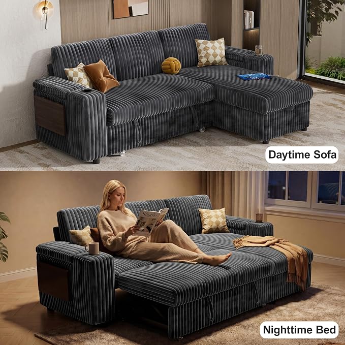 WEUP 86" Modular Sectional Sleeper Sofa with Pull Out Bed, 3 Seat Plush Corduroy L Shaped Couch with USB Ports|Cup Holders|Side Table|Storage Chaise Armrests, Tool Free Assembly, Grey