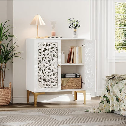 JOINICE 31.5" White Accent Cabinet with Carved Doors & Storage, Set of 2 | Carved Floral Design, Boho, Versatile Storage for Living Room & Bedroom & Hallway & TV Stand, Adjustable Shelf, Easy Assembly