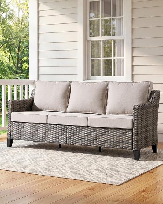 Outdoor Furniture Set of 1, Luxury Patio Sofa 3-Seat Wicker Couch with 4" Thick Cushion - Outdoor Furniture Rattan Sofa with Deep Seating High Back(Beige)