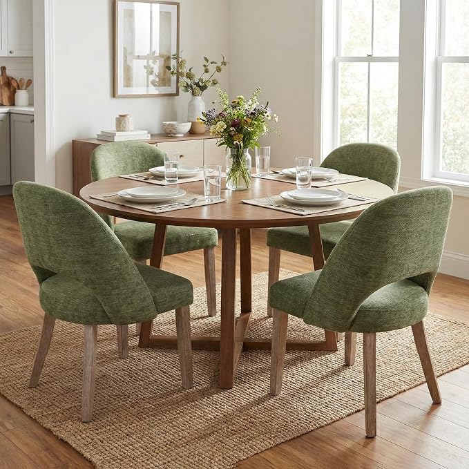 Wooden Dining Chairs Set of 6, Upholstered Modern Chenille Dining Room Chair Kitchen Chairs, Comfy Farmhouse Dinner Chair for Kitchen Dining Room, Green