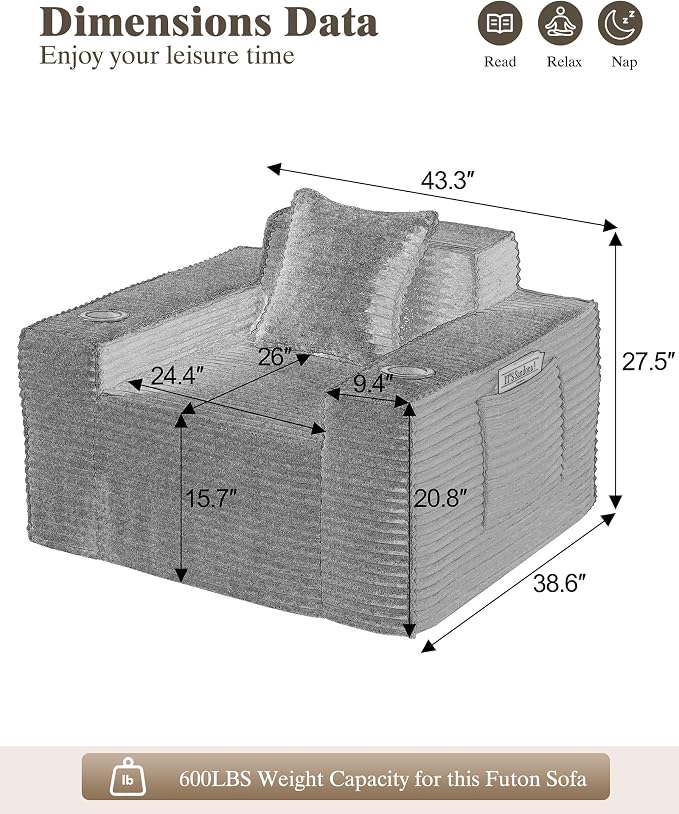43.3" Boneless Chair with Cup Holder,Oversize Accent Chair with Side Pocket, Large Reading Sofa Chair for Compact Living Rooms, Apartments (Deep Gray, Single Sofa Chair)