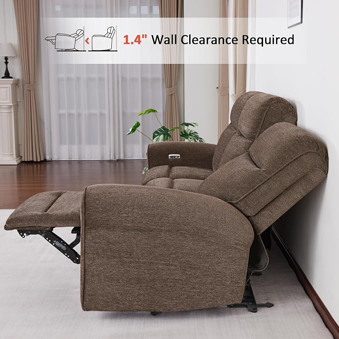 MCombo 87.8" Wall Hugger Power Reclining Sofa, 3-Seat Triple Recliner Couch with USB Ports, Rolled Arm Space Saving Recliner Sofa for Living Rooms Apartments RV, Fabric PR635M5 (Dark Brown)