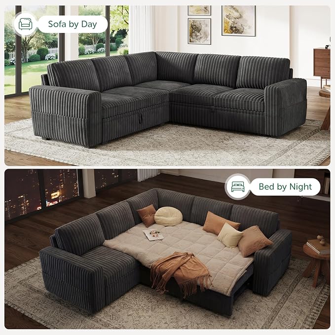 HONBAY Modular Sectional Sleeper Sofa with Pull Out Bed,Corduroy L Shaped Couch with Storage, Sectional Couches for Living Room,Dark Grey