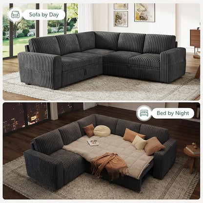 HONBAY Modular Sectional Sleeper Sofa with Pull Out Bed,Corduroy L Shaped Couch with Storage, Sectional Couches for Living Room,Dark Grey