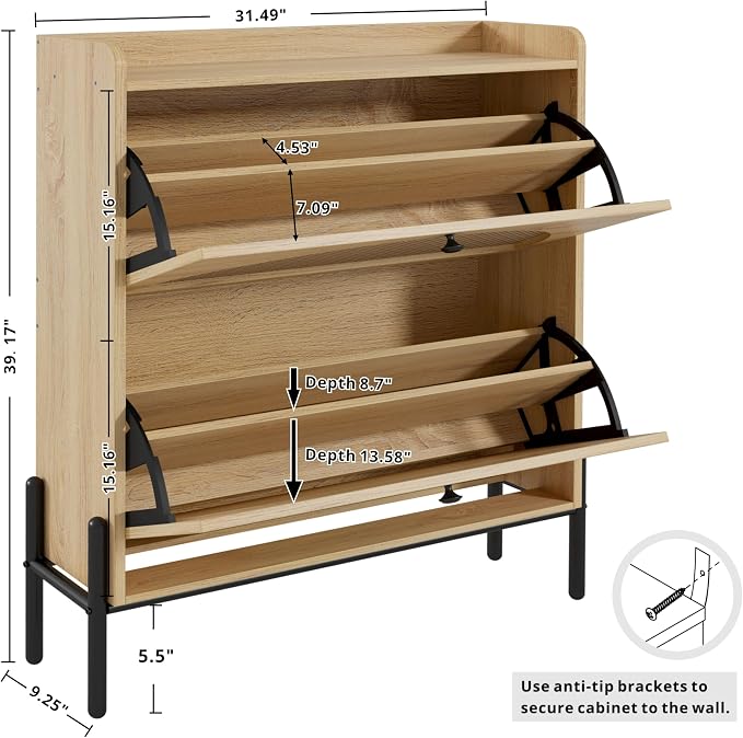 IRONCK Shoe Cabinet Storage with 2 Flip Drawers, Free Standing Wooden Shoe Storage Organizer Cabinet with Rattan Doors for Entryway, Narrow Shoe Rack Cabinet, Oak