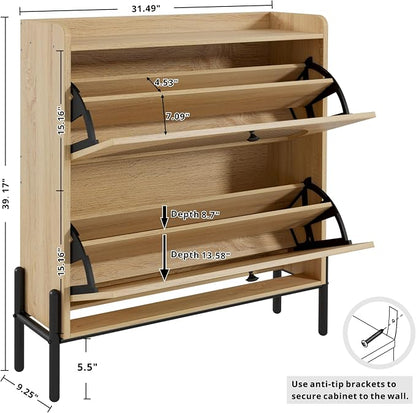 IRONCK Shoe Cabinet Storage with 2 Flip Drawers, Free Standing Wooden Shoe Storage Organizer Cabinet with Rattan Doors for Entryway, Narrow Shoe Rack Cabinet, Oak