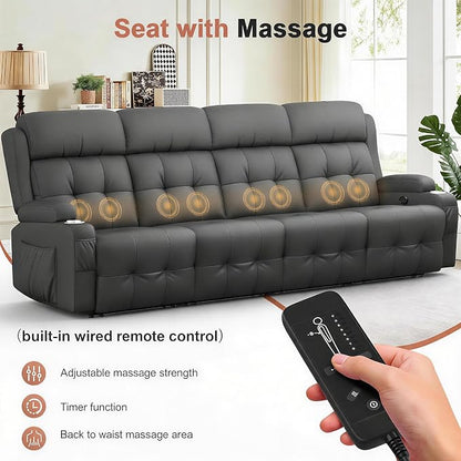 Reclining Couch, 113" PU Leather Sofa Recliner with Massage - 4 Seat Home Theater Seating Comfy Soft, Manual Wall Hugger Reclining with Lumbar Support Sofa Set for Family Living Room, Dark Gray