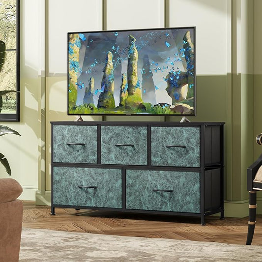 WLIVE Dresser for Bedroom with 5 Drawers, Wide Chest of Drawers, Fabric Dresser, Storage Organizer Unit with Fabric Bins for Closet, Living Room, Hallway, Vintage Green