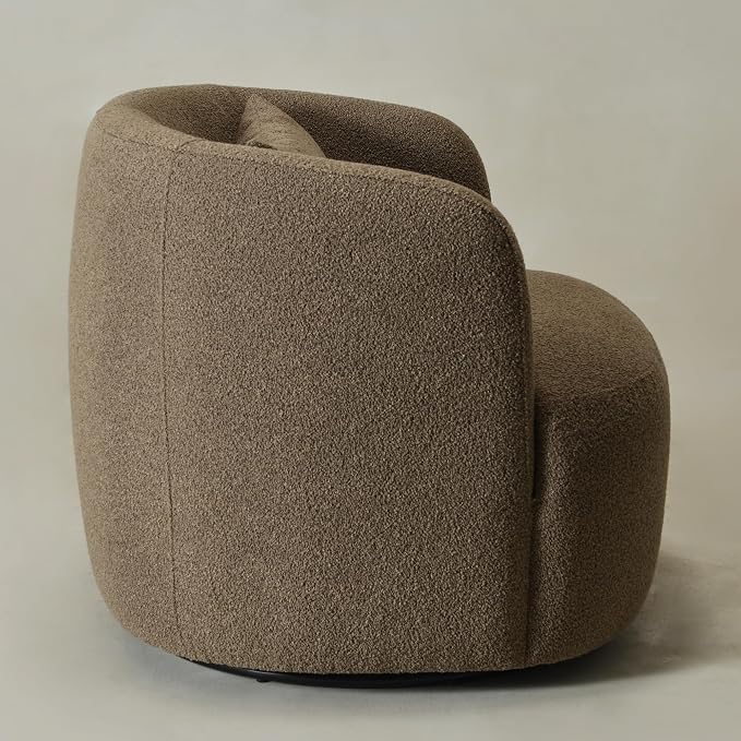 KINWELL 34" Wide Sherpa Swivel Barrel Chair, No Assembly Round Boucle Upholstered Accent Chair Armchair Single Sofa Chair with Toss Pillow for Living Room and Bedroom, Teddy Brown