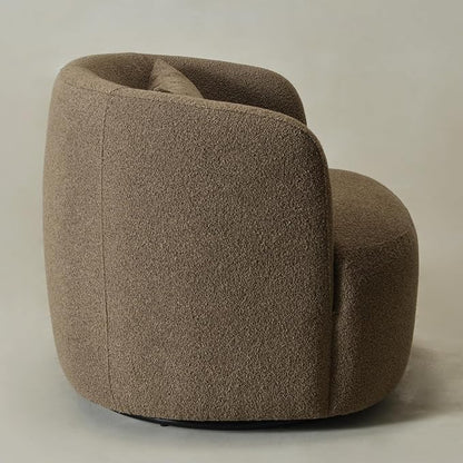 KINWELL 34" Wide Sherpa Swivel Barrel Chair, No Assembly Round Boucle Upholstered Accent Chair Armchair Single Sofa Chair with Toss Pillow for Living Room and Bedroom, Teddy Brown