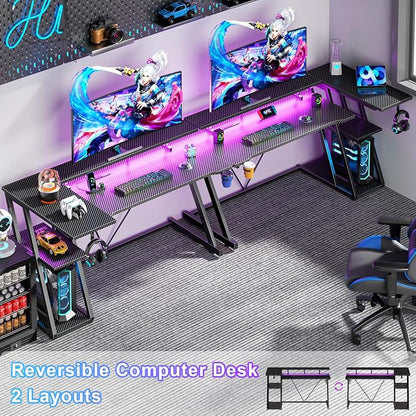 Korfile 55 Inch Gaming Desk with Power Outlet & LED Lights, L Shaped Gamer Computer Table with Storage Shelves for Bedroom, Corner Home Office Desk, Carbon Fiber Black