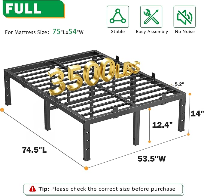 14 Inch Full Size Bed Frames, Heavy Duty Metal Platform 3500 lbs Capacity, No Box Spring Needed, 6 Mattress Slide Stopper, Headboard Holes, Noise-Free, Easy Assembly
