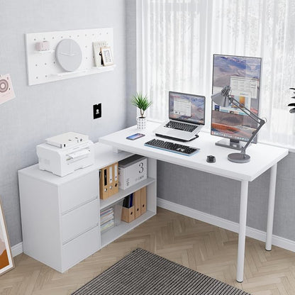 Home Office Computer Desk Corner Desk with 3 Drawers and 2 Shelves, 53-inch L-Shaped Study Desk with Storage, White