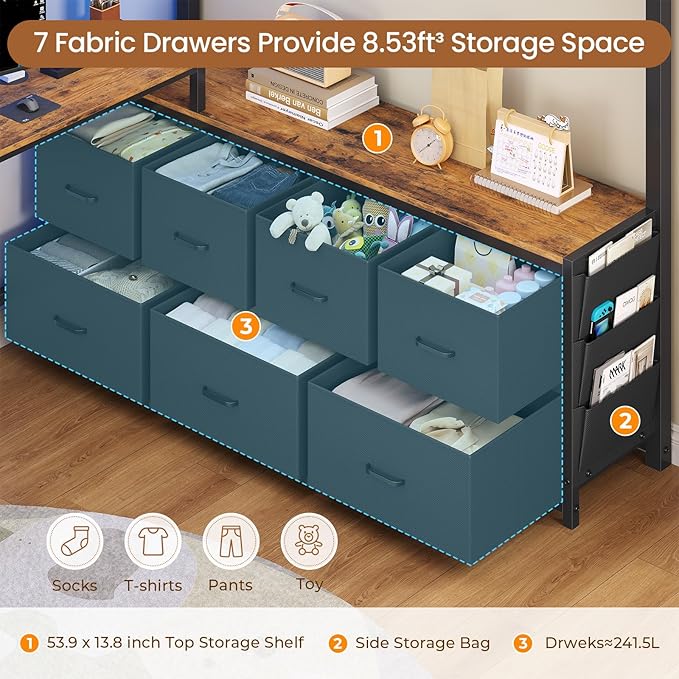 DICTAC Full Loft Bed with U-Shaped Desk,7 Storage Drawers and Charging Station,Metal Full Size Loft Bed with Led Lights and 2-Tier Storage Shelves,Teen loft Beds with Safety Guardrail & Stairs,Black