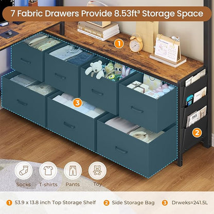 DICTAC Full Loft Bed with U-Shaped Desk,7 Storage Drawers and Charging Station,Metal Full Size Loft Bed with Led Lights and 2-Tier Storage Shelves,Teen loft Beds with Safety Guardrail & Stairs,Black