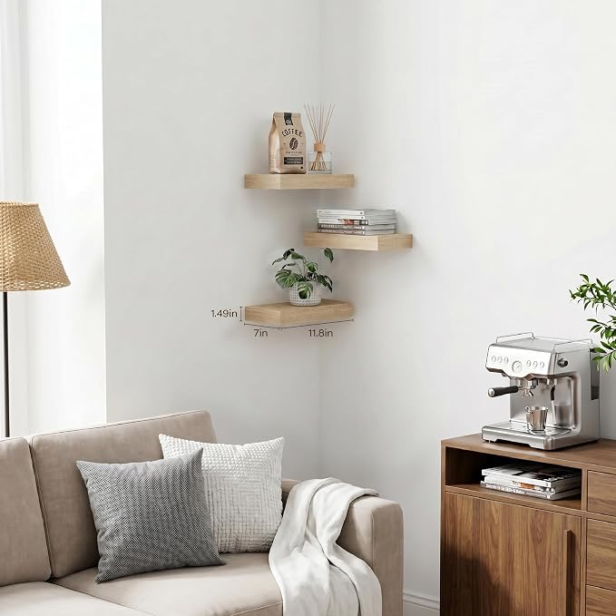 Oak Floating Shelves Set of 3,11.8 Inch Small Wall Shelves for Bathroom,Bedroom,Kitchen,Above Toilet Shelves