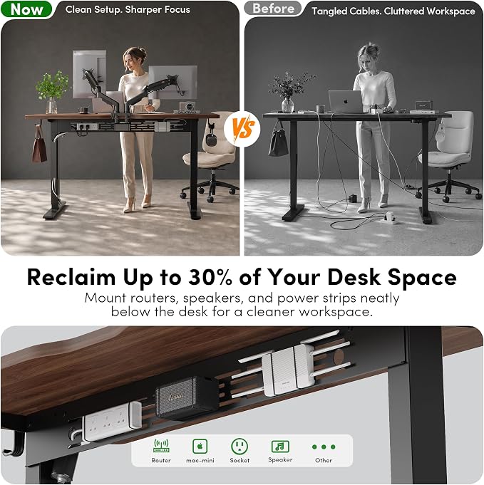FEZIBO Electric Standing Desk with L-Shaped Crossbar & Cable Management System, 48 x 24 Inches Sit Stand up Desk, Adjustable Height Standing Desk for Home Office, Black Walnut