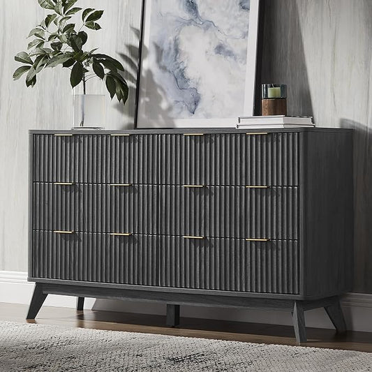 T4TREAM Fluted 6 Drawers Dresser, 54" Wide Modern Chest of Drawers, Curved Profile Design, Dresser TV Stand, Wood Drawer Organizer for Bedroom, Living Room, Hallway, Dark Alder