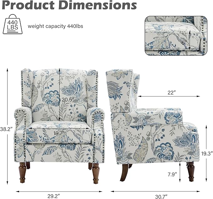High Back Floral Accent Chairs Set of 2, Upholstered Armchair in Fabric, Retro Printed Wingback Arm Chair for Living Room, Nailhead Trim Single Sofa Bedroom Reading Seat - Plants Blue
