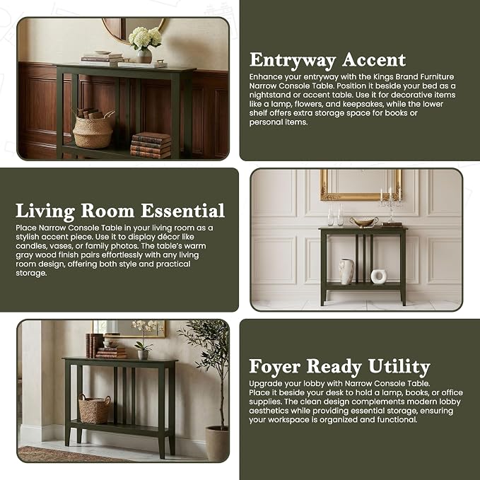 Kings Brand Narrow Console Table w/Storage Shelf, Sofa Entryway, Caviar | Narrow Console Table with Storage Shelf – Slim Design Fits Entryways, Hallways, Behind Sofas, Shelf Décor, Books, Essentials