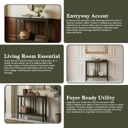 Kings Brand Narrow Console Table w/Storage Shelf, Sofa Entryway, Caviar | Narrow Console Table with Storage Shelf – Slim Design Fits Entryways, Hallways, Behind Sofas, Shelf Décor, Books, Essentials