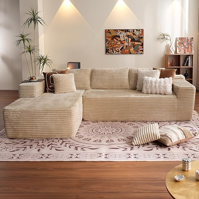 ovios 104" Cloud Boneless Couch with L-Shape Chaise,Modern Sectional Modular Sofa with Deep Seat, Upholstered Couches for Living Room Bedroom,No Assembly Required, Beige (Plush Corduroy Fabric)