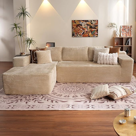 ovios 104" Cloud Boneless Couch with L-Shape Chaise,Modern Sectional Modular Sofa with Deep Seat, Upholstered Couches for Living Room Bedroom,No Assembly Required, Beige (Plush Corduroy Fabric)