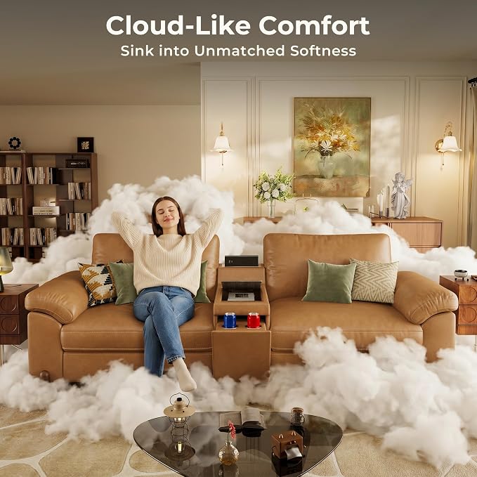 SITJOY Large Cloud Couch, 86" Wide 2 Seater Loveseat, Faux Leather in Brown | Pet-Friendly Scratch-Resistant Leather Sectional Sofas for Living Room, Deep Seat Wide Couch