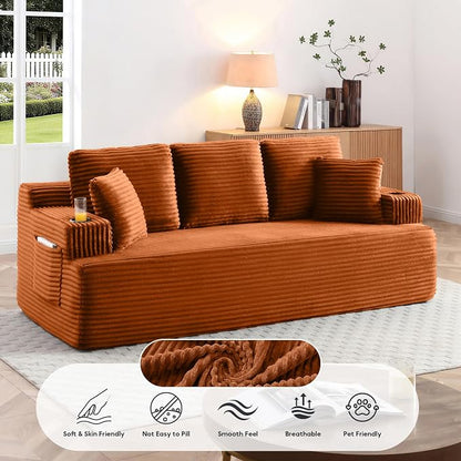 86.2'' Boneless Sofa Couch with Cup Holders & Side Pockets, Modern Corduroy Fabric Upholstered 3-seat Couch with 2 Throw Pillows for Living Room, Office, No Assembly (Orange)