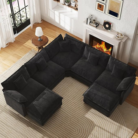 WorthFurni 114” Oversized Modular Sectional Sofa, 7-Seater V Shaped Cloud Couch Set, Comfy Chenille Deep Seat Couches with 2 Movable Ottomans, DIY Combination for Living Room (Black)