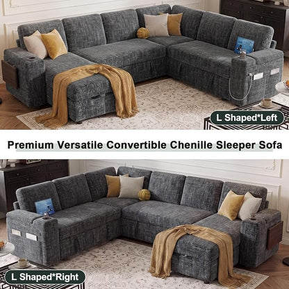 Vipbear Premium 111" Modular Sectional Sleeper Sofa, 7 Seat Sleeper Sofa with Pull Out Bed for Living Room, L Shaped Couch with Storage Chaise|USB Ports|Cup Holders|Storage Armrests|Side Table, Gray