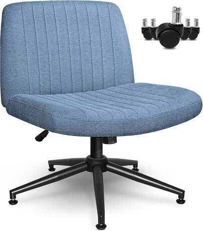 Orange Factory Criss Cross Chair Wheels Wide Cross Legged Office Desk Vanity Dual Base Comfy Fabric Armless Adjustable Swivel for Home Computer Task (Blue Dual Base, Fabric)