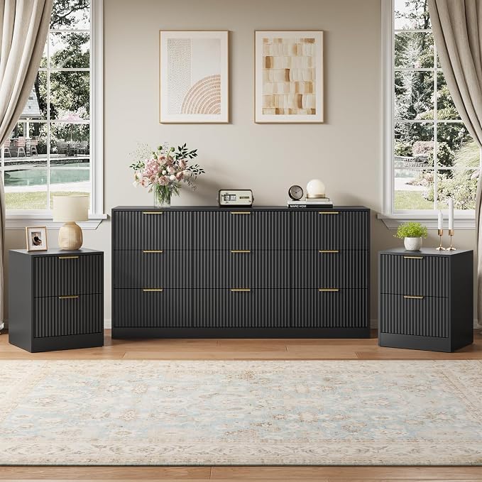 9 Drawer Dresser & Nightstand Set 3-Piece, 63” Wide Fluted Bedroom Dresser Set Night Stand Set of 2 with Metal Handle, Modern Wood Chest of Drawers Storage Dressers Set for Bedroom, Black