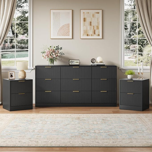 9 Drawer Dresser & Nightstand Set 3-Piece, 63” Wide Fluted Bedroom Dresser Set Night Stand Set of 2 with Metal Handle, Modern Wood Chest of Drawers Storage Dressers Set for Bedroom, Black
