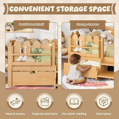 Bellemave Twin Kids Montessori Bed with Stairs, Bookshelf and LED Lights, Solid Wood Kids Bed Frame with Storage Drawers for Boys Girls, Low Profile,Natural