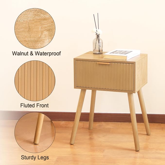 AWASEN Nightstand, Small End Tables Living Room, Accent Bedside Side Table with Fluted Drawer for Bedroom and Small Space, Rustic Walnut