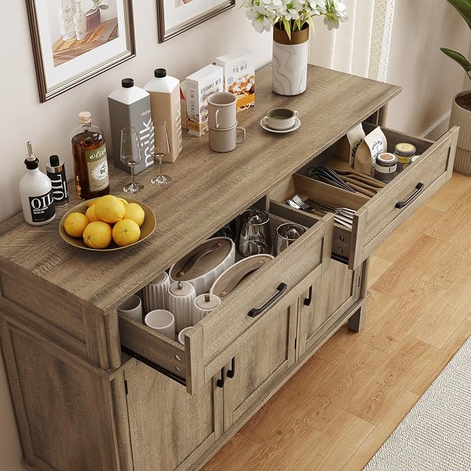ONBRILL 55 Inch Buffet Cabinet with Storage, Farmhouse Sideboard Buffet w/2 Drawers and 3 Doors, Coffee Bar Cabinet with Adjustable Shelves, Sideboard Storage for Kitchen, Living Room, Washed Grey