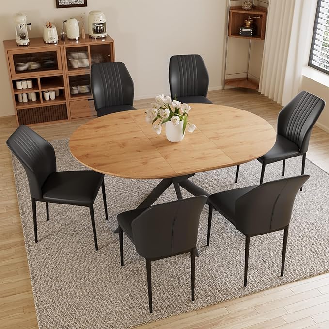 HIPIHOM 43.2"-59.1" MDF Round Extendable Dining Table Set of 6 | Includes 6 PU leather chairs, mid century modern oak finish, durable MDF tabletop, space saving, seats 4-6