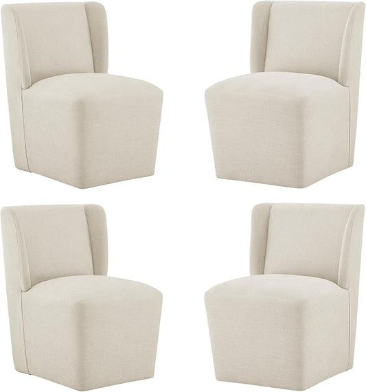 KISLOT Upholstered Dining Chairs Set of 4 with Casters, Wingback Modern Side Armless Deskchair with Rollers for Diningroom Bedroom Livingroom Reading Room, Cream Beige Fabric